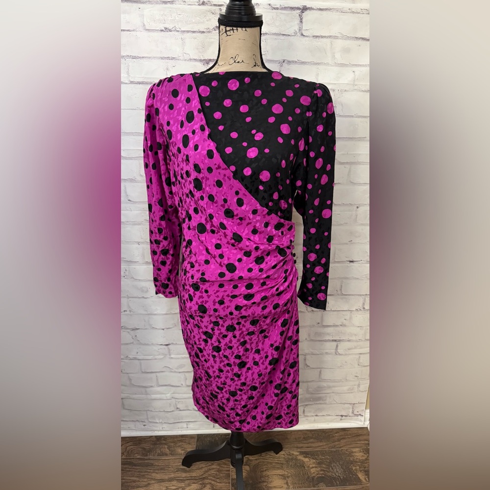 Flora Kung Vintage Silk Dress‎ Size 8 Korea Purple Black Polka Dot Stunning